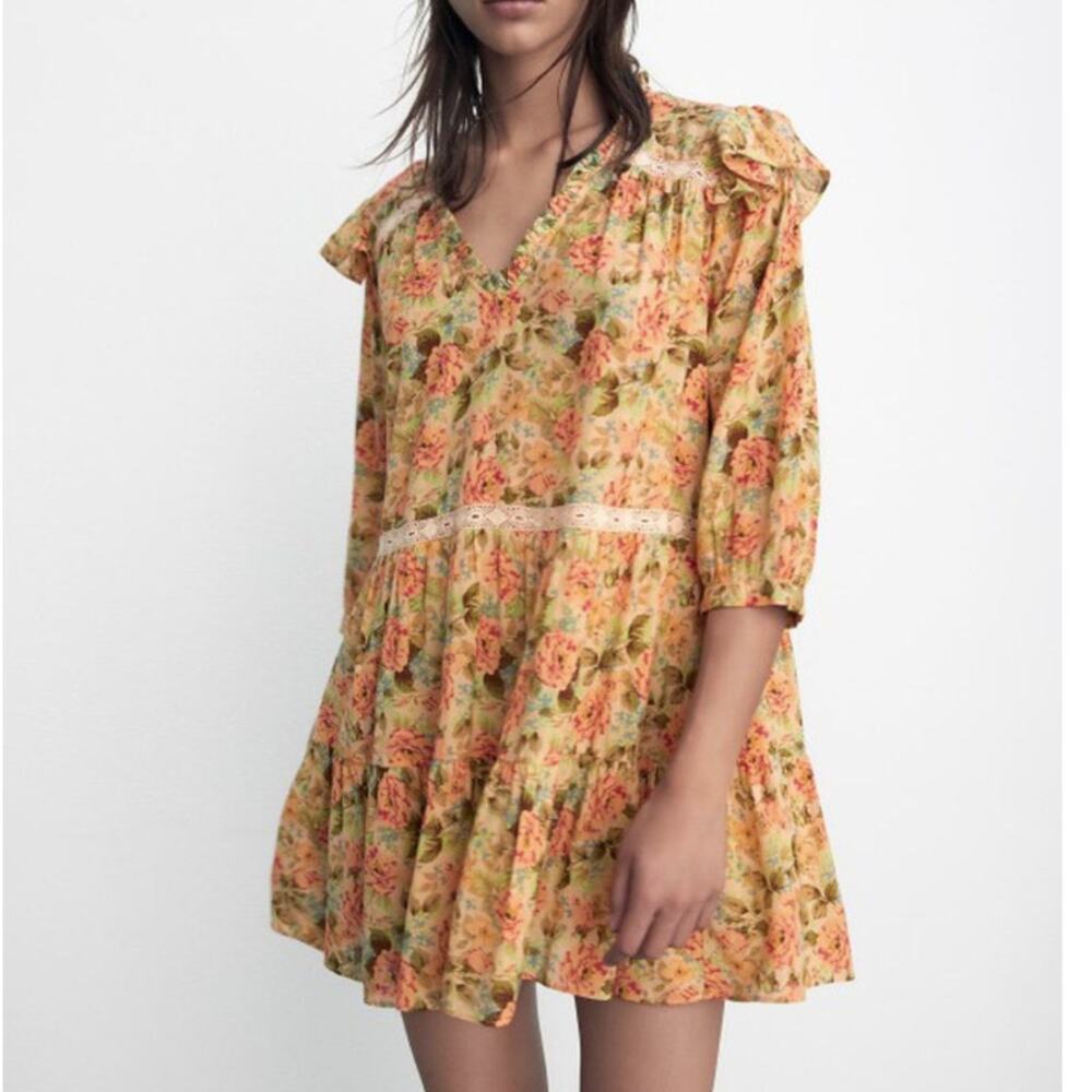 Zara Floral Ruffle Mini Dress Multicolor Cottagecore